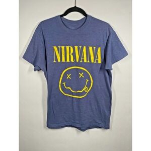 Nirvana Smiley Face Band T-Shirt Grunge Rock Graphic Tee Unisex Size L Blue Soft